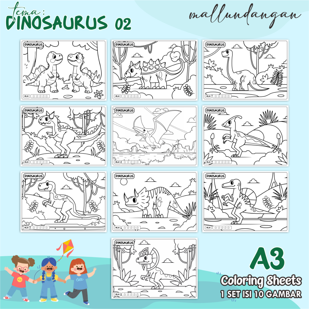 

LEMBARAN MEWARNAI ANAK A3 - TEMA DINOSAURUS 02 - PAPER COLORING SHEETS FOR KIDS