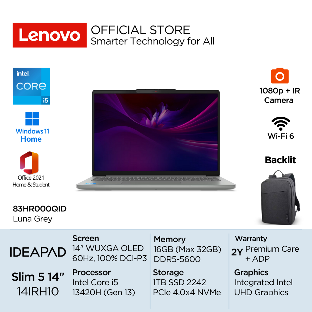 Lenovo IdeaPad Slim 5i 14IRH10 Intel Core i5 13420H Win11 16GB (2x8) DDR5 1TB SSD 14" WUXGA OLED 60H