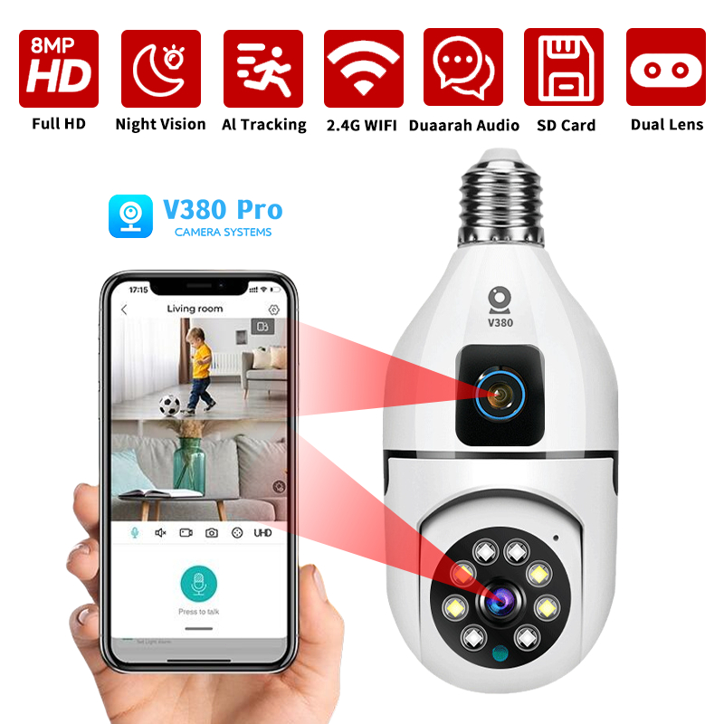 V380 Pro Lampu CCTV Wifi Wireless 360 PTZ Full View Remote Monitoring Smart Security Kamera
