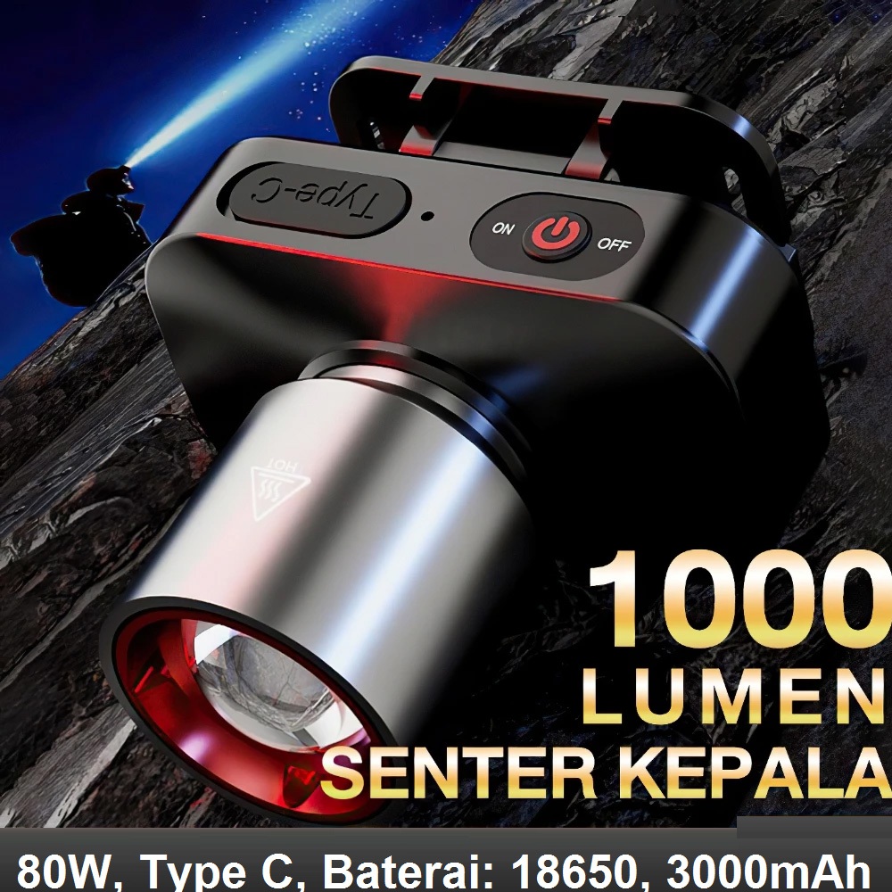 Senter Kepala Head Lamp LED Murah Berkualitas 80watt 1000 lumen baterai Charging Type C 3000mAh Hema