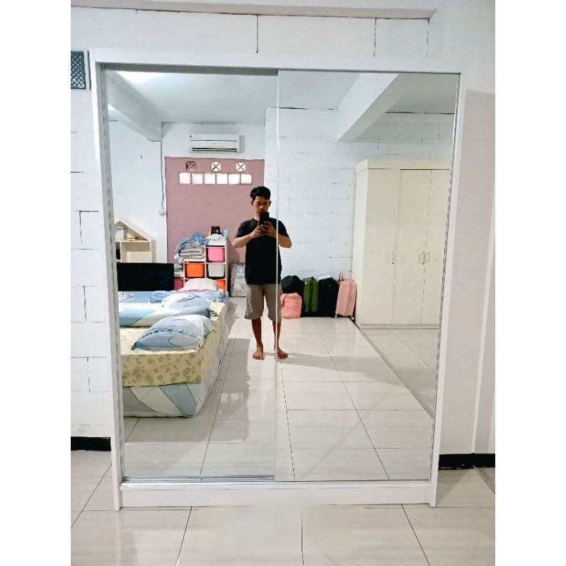 lemari pakaian sliding pintu 2 full kaca cermin frameless Model mewah minimalis | lemari baju | lema