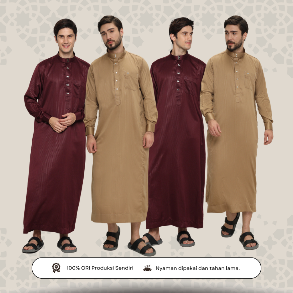 Baju Gamis Pria Jubah Cowok Lengan Panjang Manset Model Motif Emboss Garis Katun Valencia