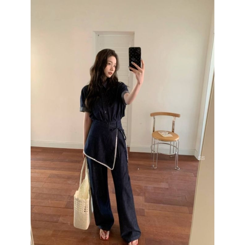 𝗡𝗲𝘄‼️Alice one set denim (shirt, long pants, belt/obi)/setelan wanita jeans: atasan kemeja, celana p