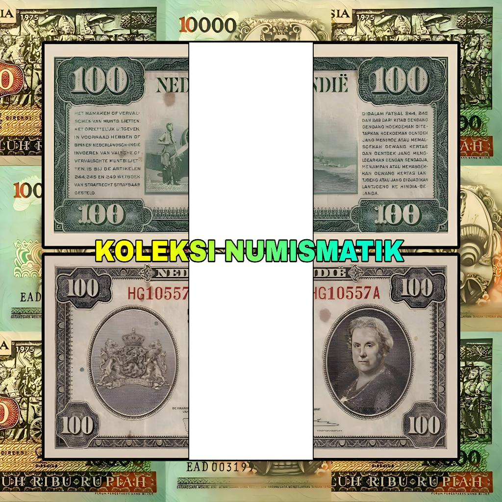 1 GEPOK SOUVENIR UANG KERTAS KUNO HINDIA BELANDA 100 GULDEN NICA WILHELMINA 1943