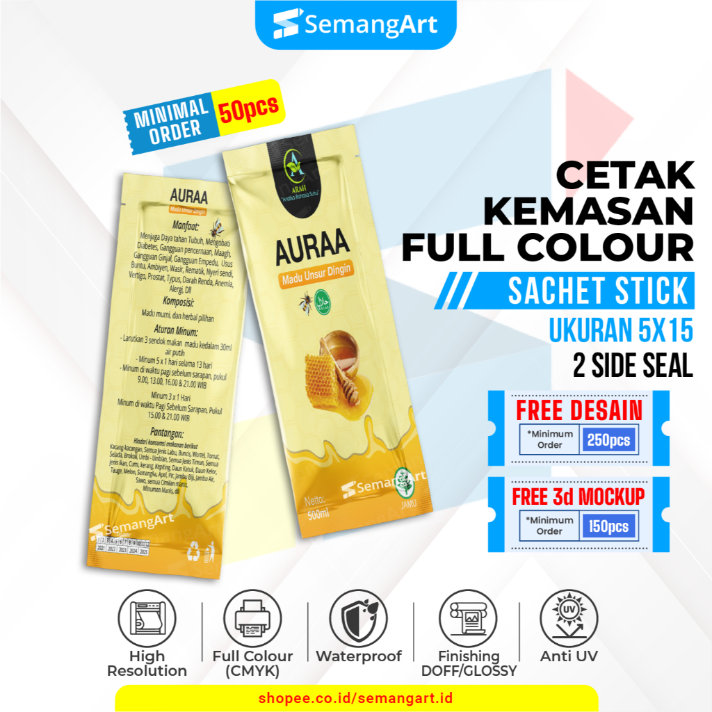 

Kemasan Sachet 5x15 Minuman Serbuk Collagen Madu / Gel Cairan Full Printing Desain Custom