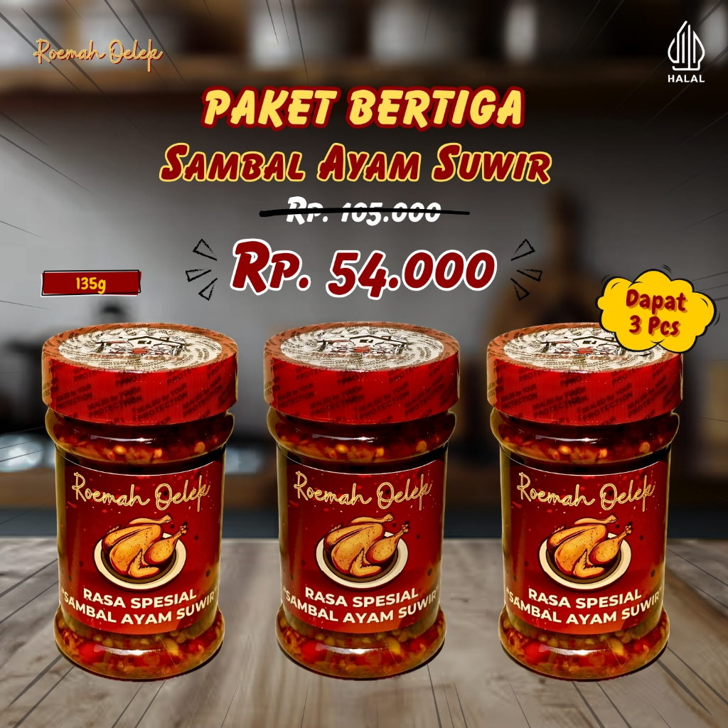 

Paket Bertiga Sambal Ayam Suwir 135gr – Pedas Juara, Siap Santap! | Roemah Oelek