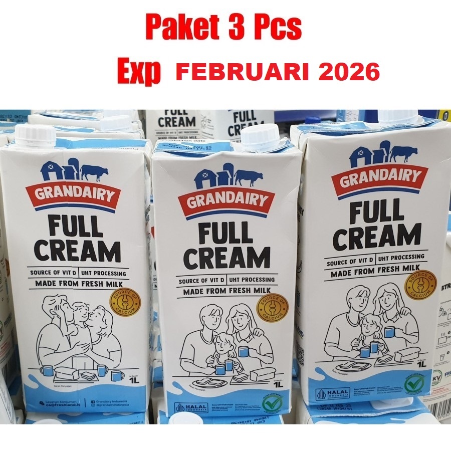 

PAKET 3 PCS Susu UHT Milk Grandairy Full Cream 1 Liter