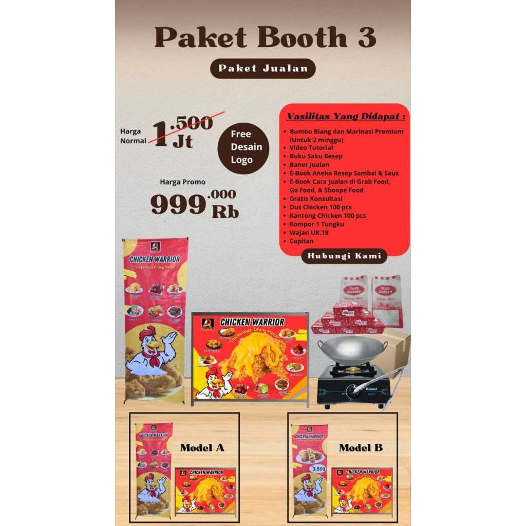 

Paket Usaha Fried Chicken Warrior Booth 3 - Modal Jualan Lengkap Siap Pakai