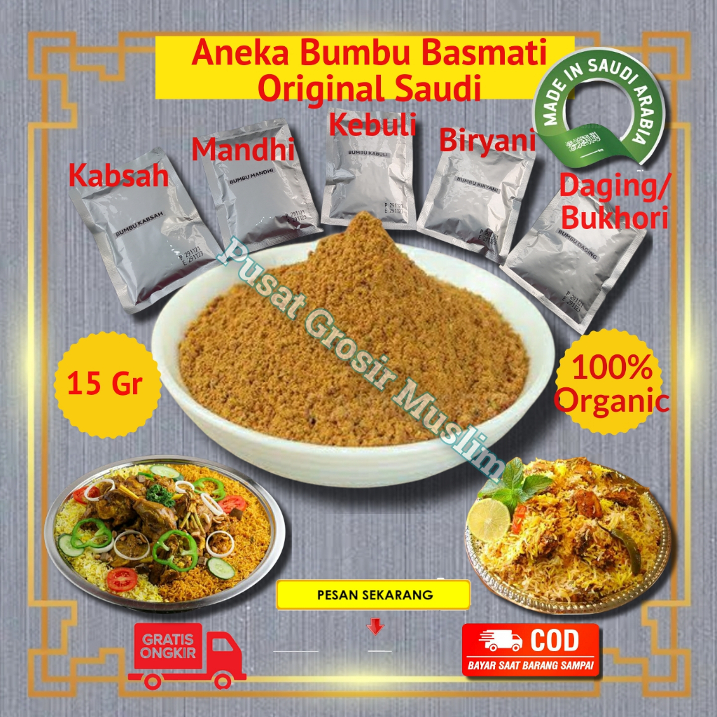 

Bumbu Nasi Kebuli Arab Lengkap Biryani Mandhi Kabsah Bukhori 15gr Original Saudi Non MSG Terlengkap