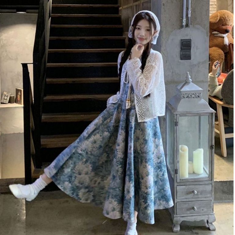 〖Korean Dress〗Gamis Panjang Lengan Syari ⭐ Bunga Vintage Kerut Pinggang ⚡【COD✅】Setelan Outer+Dress