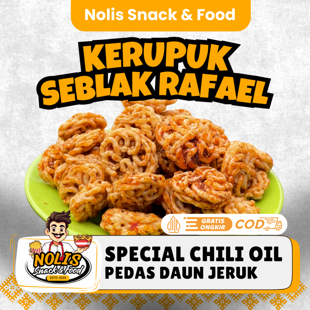 

KERUPUK SEBLAK RAFAEL SPECIAL PEDAS CHILI OIL [NOLIS SNACK & FOOD] Sebring Seblak Kering mawar Putih