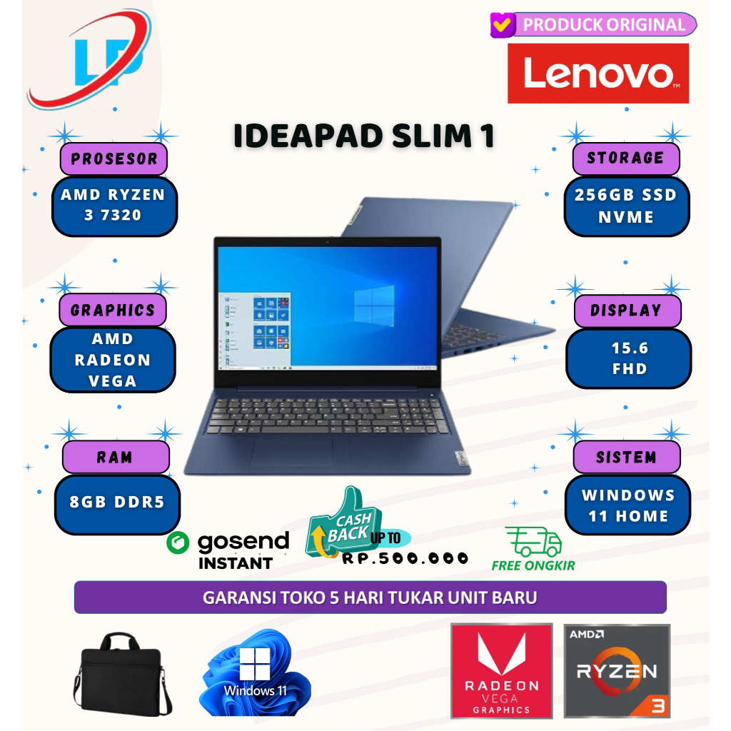 Lenovo ideapad slim 1 15 ryzen 3 7320 8gb 256gb w11 15.6 fhd