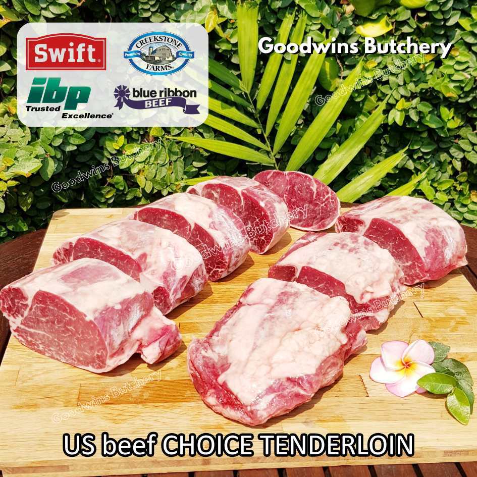 

US beef TENDERLOIN CHOICE USDA eye fillet mignon frozen Swift IBP BlueRibbon CreekStone daging sapi import has dalam WHOLE 3.5kg CUT AS STEAKS