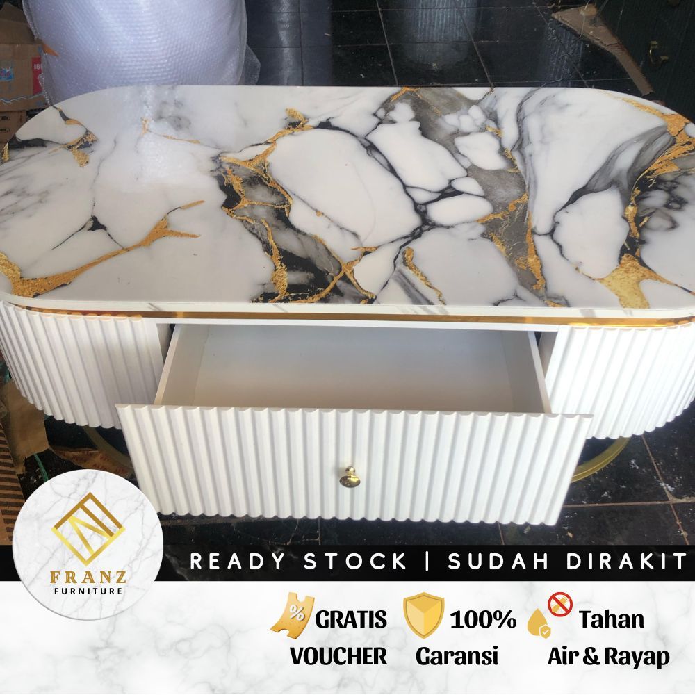 Meja Kopi Oval Minimalis Modern 120cm - Meja Tamu HPL Marmer UV Gold Besi Elegan Ruang Tamu Mewah