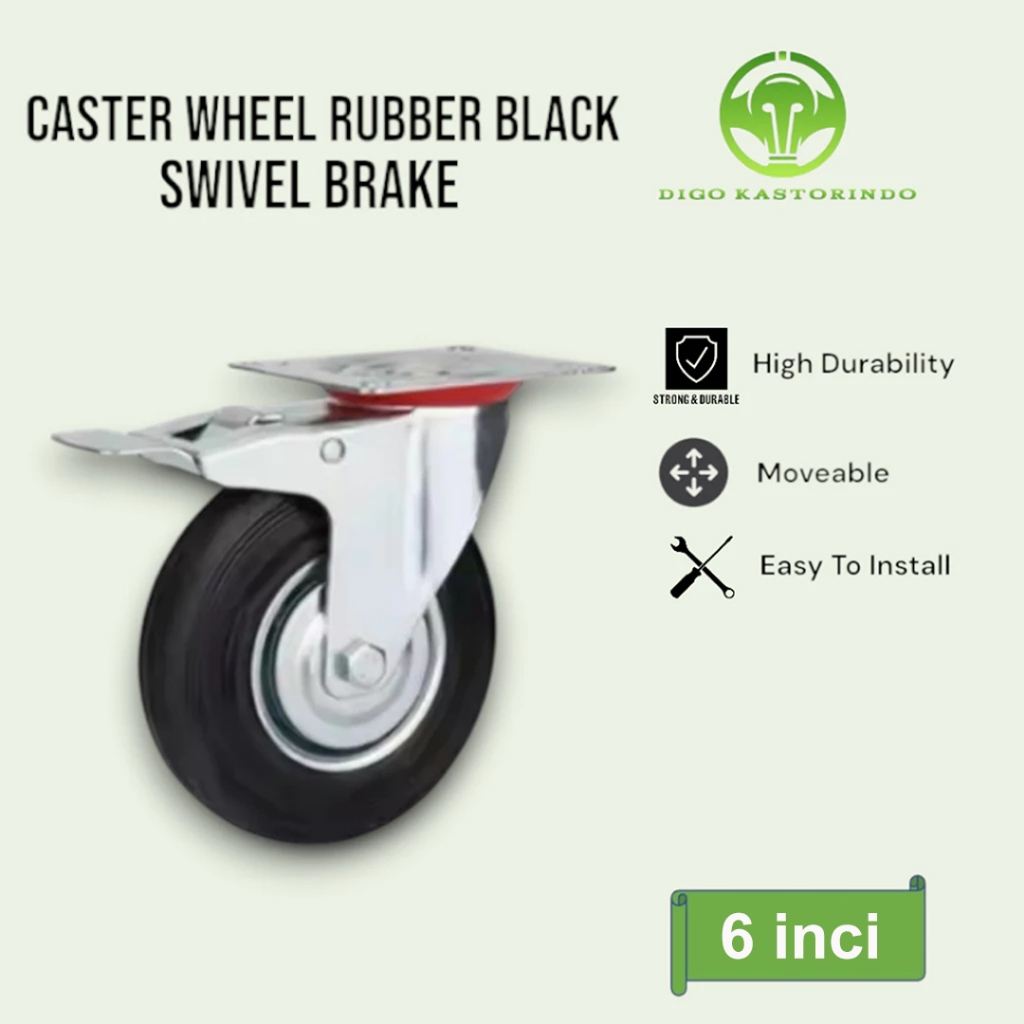 Roda Kastor Karet Hitam Hidup Rem 6 Inci Caster Wheel Black Rubber Swivel Brake