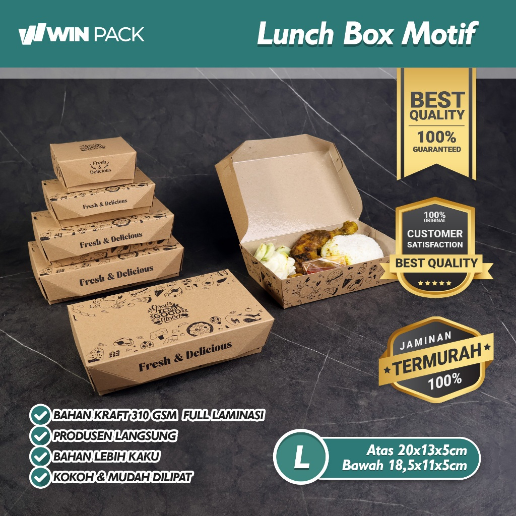 Isi 50 Pcs Paper Lunch Box L | Kraft 325 | Full Laminasi PE | Size L Premium & Eco | Motif & Polos