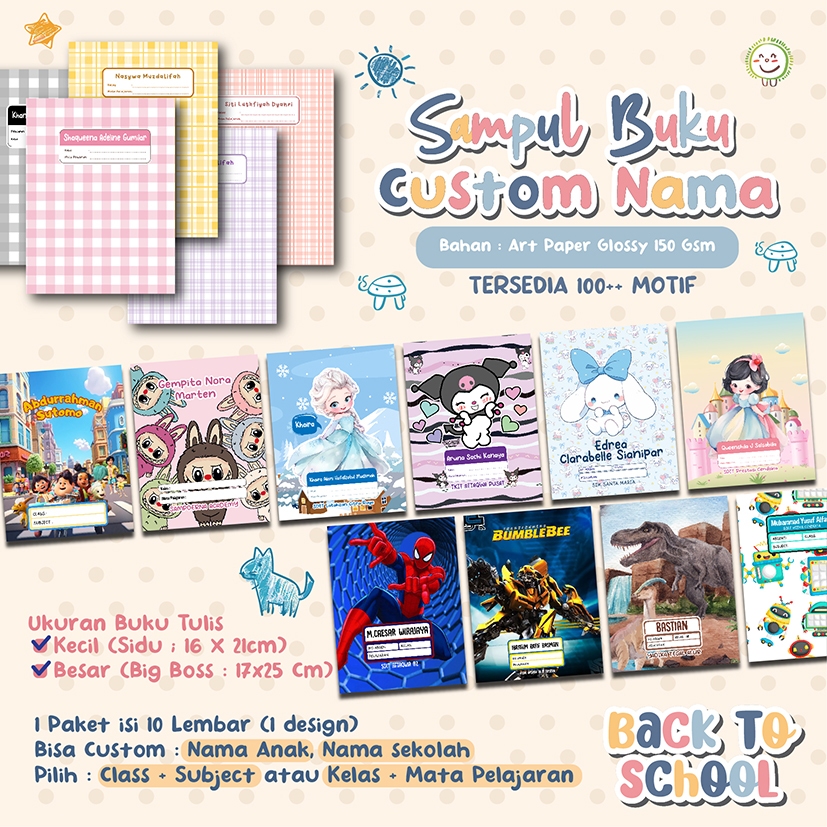 

H7Y SAMPUL BUKU ISI 20 pcs CUSTOM (PART 1-50)/ COVER BUKU / UNICORN / LEGO / SPIDERMAN / POKEMON /
