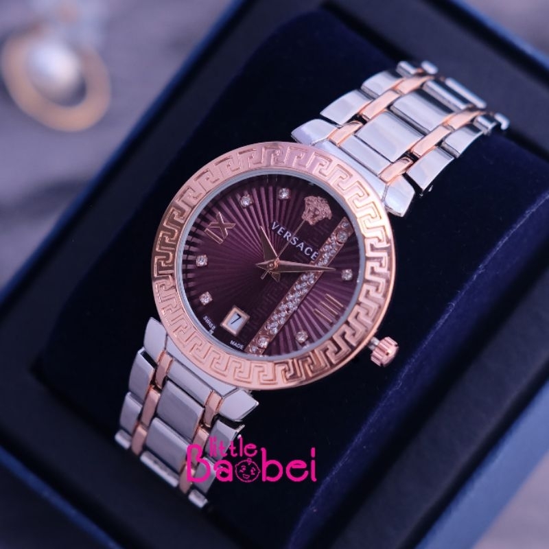 Jam Tangan Wanita Fashion Jam Rantai Versace Tanggal Aktif - Silver kombinasi Rosegold Plat Maroon