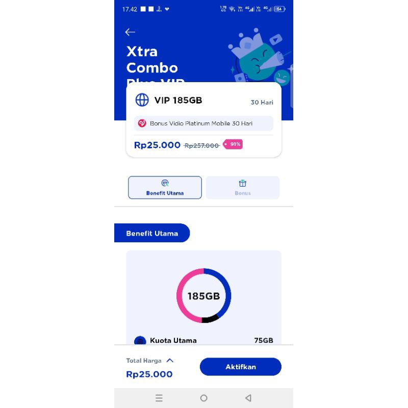 kartu xl combo vip 90% 185gb