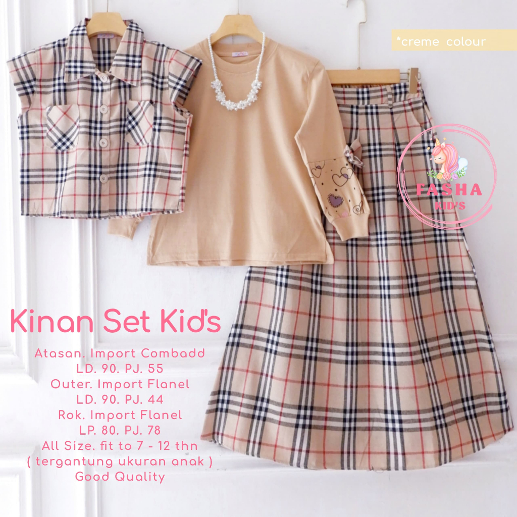 KINAN SETELAN BLOUSE VEST ROK NAK PEREMPUAN UMUR 7-12 TAHUN - 3IN1 SET BLOUSE COMBED MIX SKIRT FLANE