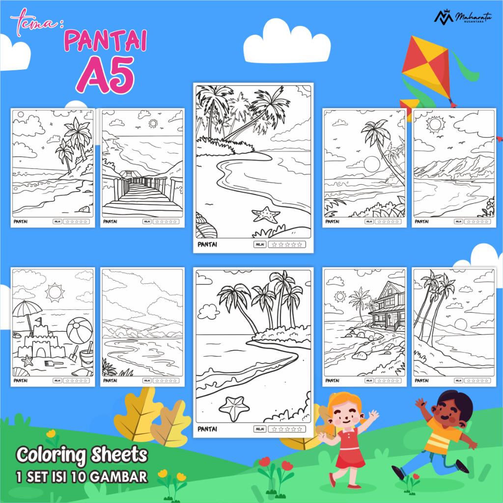 

[TEMA PANTAI] LEMBAR MEWARNAI ANAK - KERTAS BER GAMBAR READY STOCK 1 SET - COLORING SHEET A5