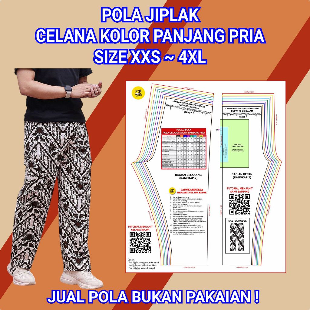POLA JIPLAK CELANA KOLOR PRIA (PANJANG) | POLA MENJAHIT SEWING PATTERN