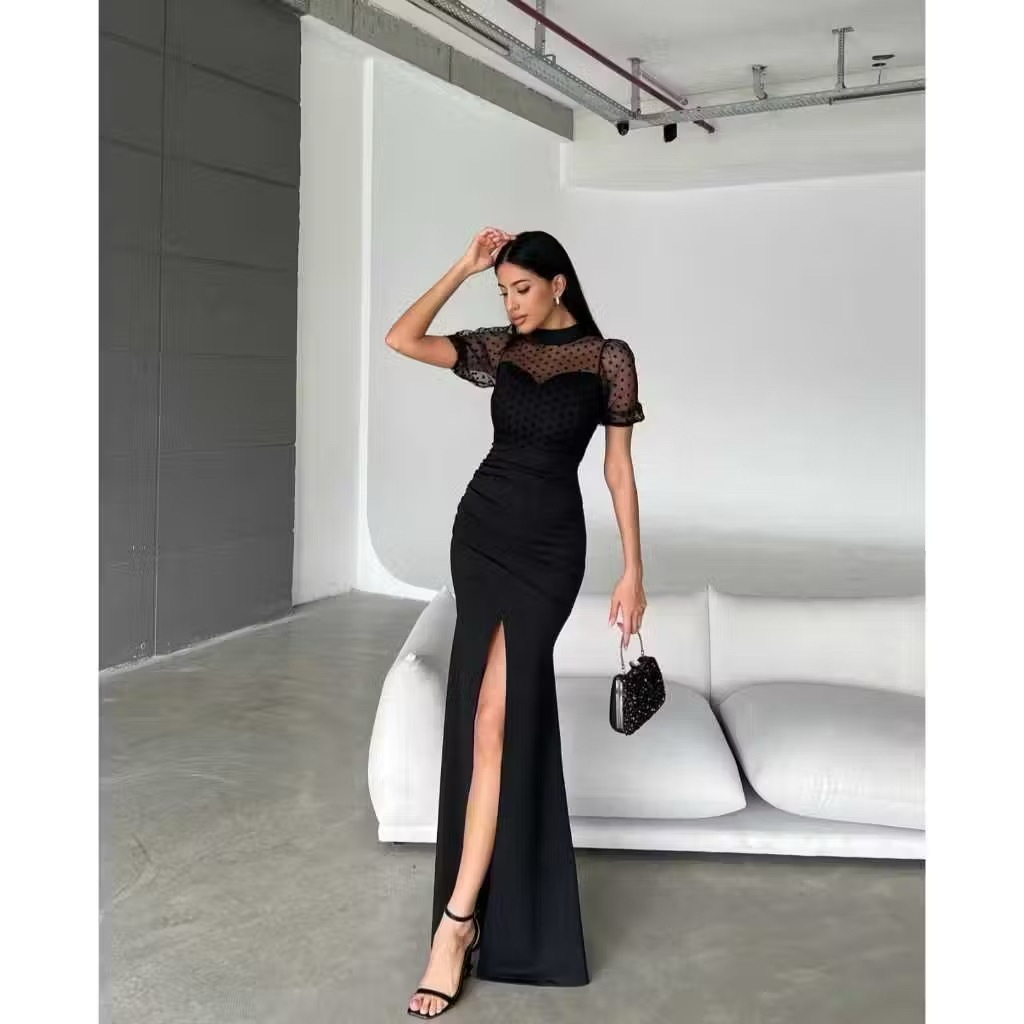 Chiobushop - Long Dress Pesta Bodycon Duyung Lengan Pendek Tile Polkadot Premium Koleksi Butik Dress