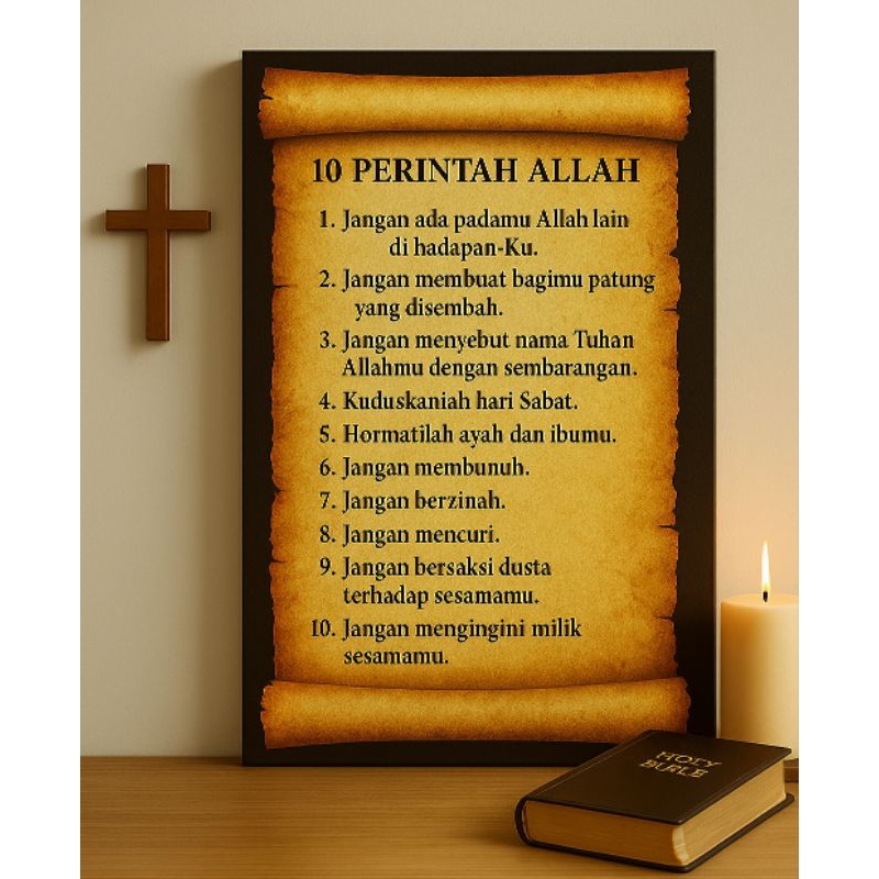 Poster Kayu 10 Perintah Allah | Hiasan Dinding Rohani Kristen Katolik