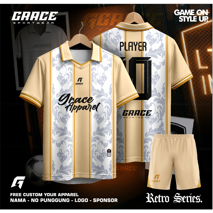 GRACE APPAREL  PREMIUM JERSEY TEAM / PANITIA TEaM FUTSAL SEPAKBOLA KREM KAOS RETRO VINTAGE KERAH