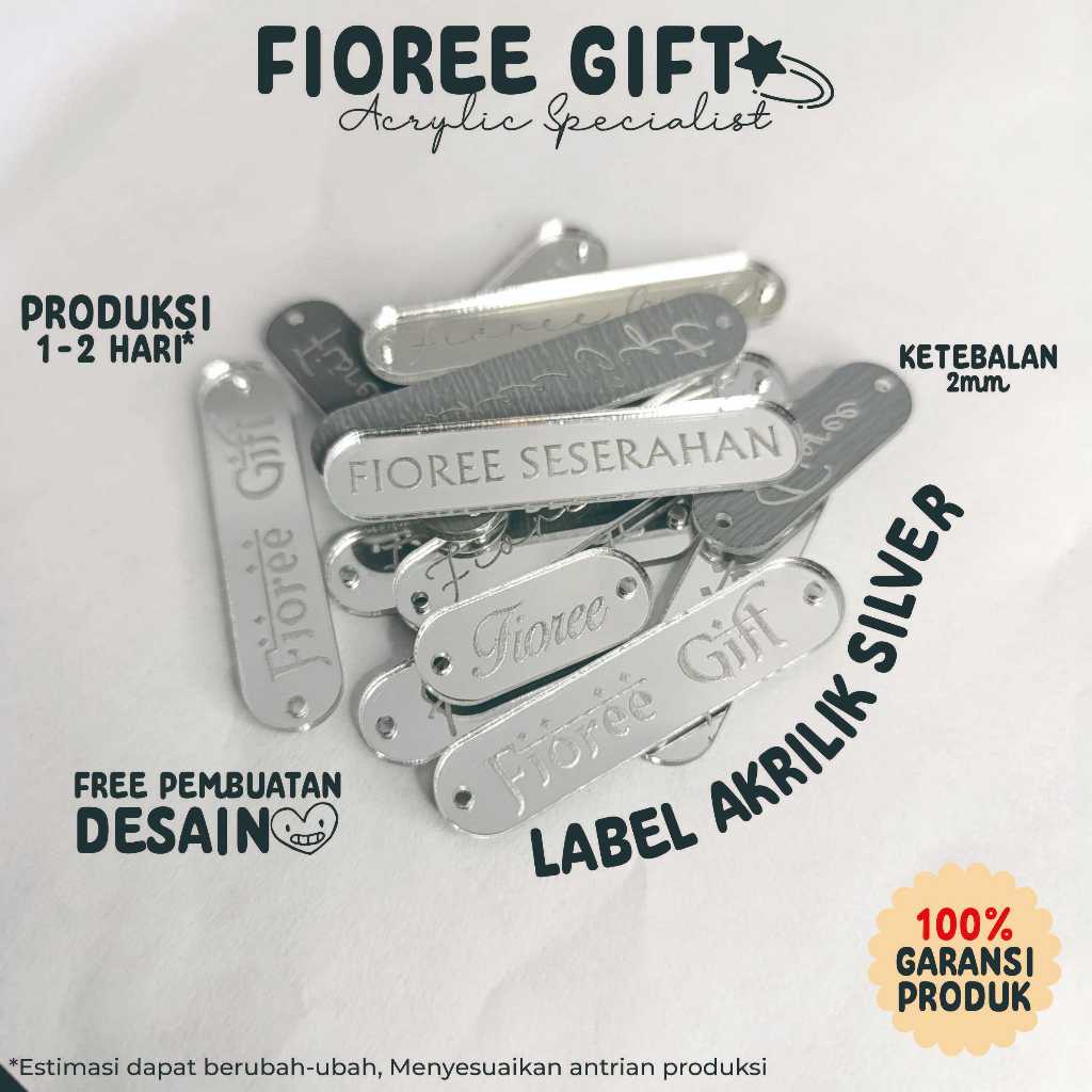 

Label Hijab Akrilik SILVER 1x2 cm | Label Hijab Branding | Custom Cutting Label | Fioree gift