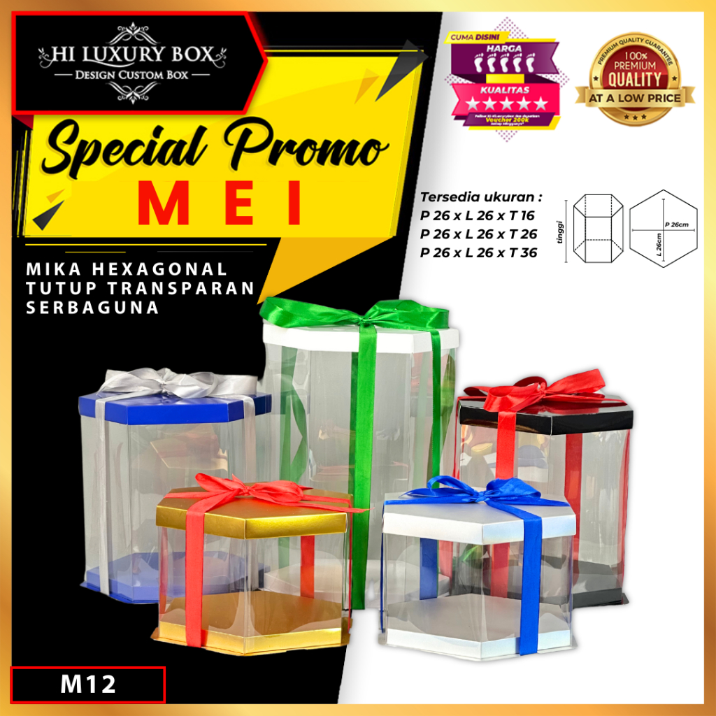 

Box Mika Hexagonal - Cake Box - Box Segi Enam Kue Mika Transparan Dus Hadiah Hantaran -Tutup Mika 26X216 - M12