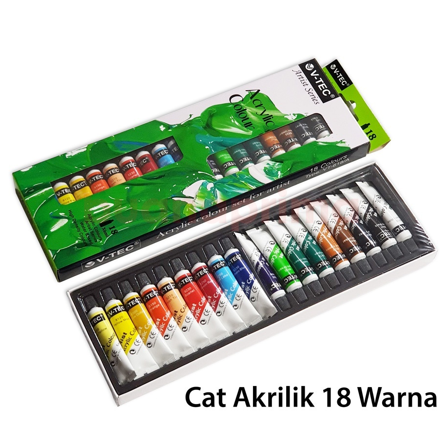 Cat Akrilik V-TEC 18x6ml - V-TEC Acrylic Set 18 Warna - Cat V-TEC Cat Lukis Akrilik