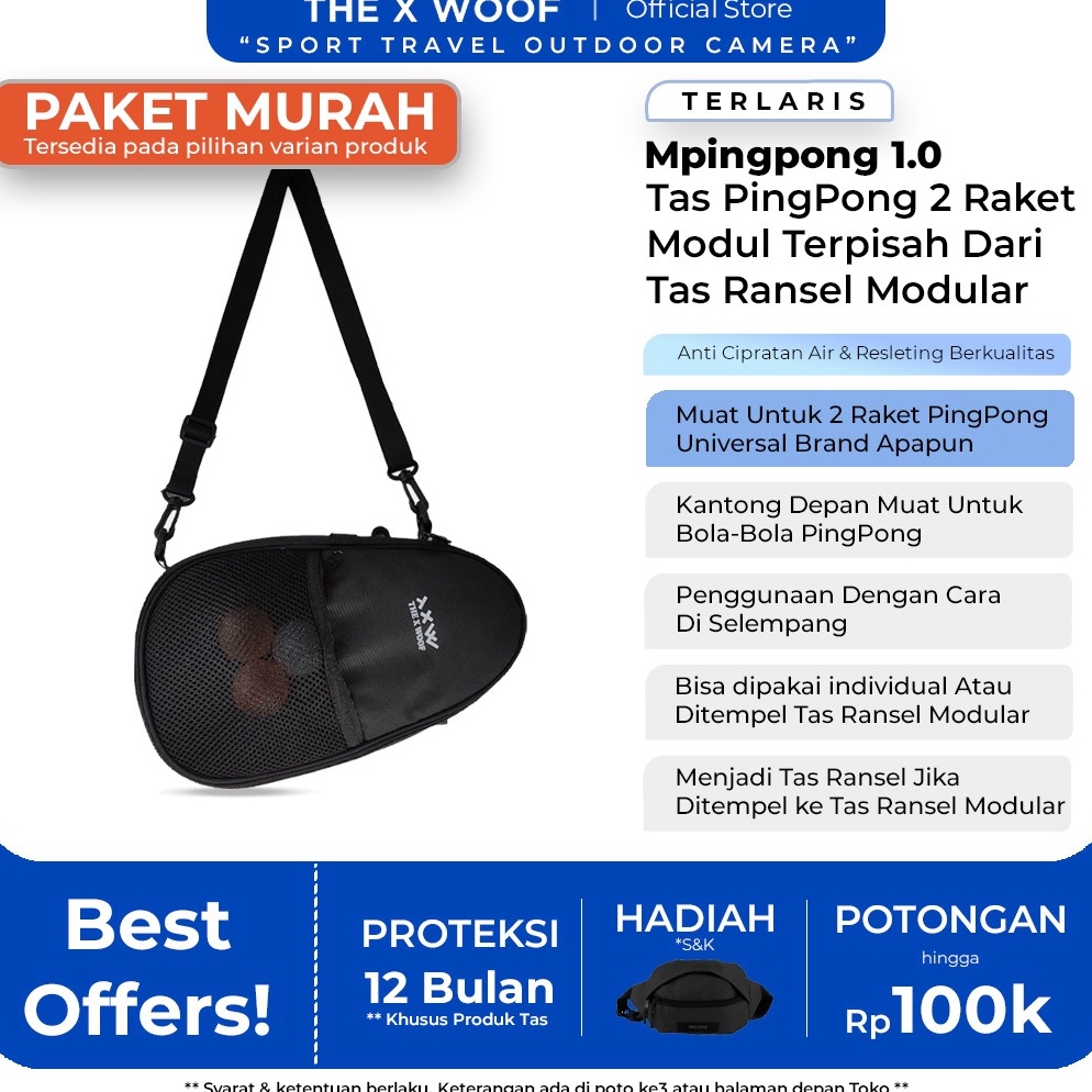 55MURAH BANGET Tas Raket Pingpong 2 Bet Bat Tas Raket Tenis Meja Anti Cipratan Air The X Woof Mpingp