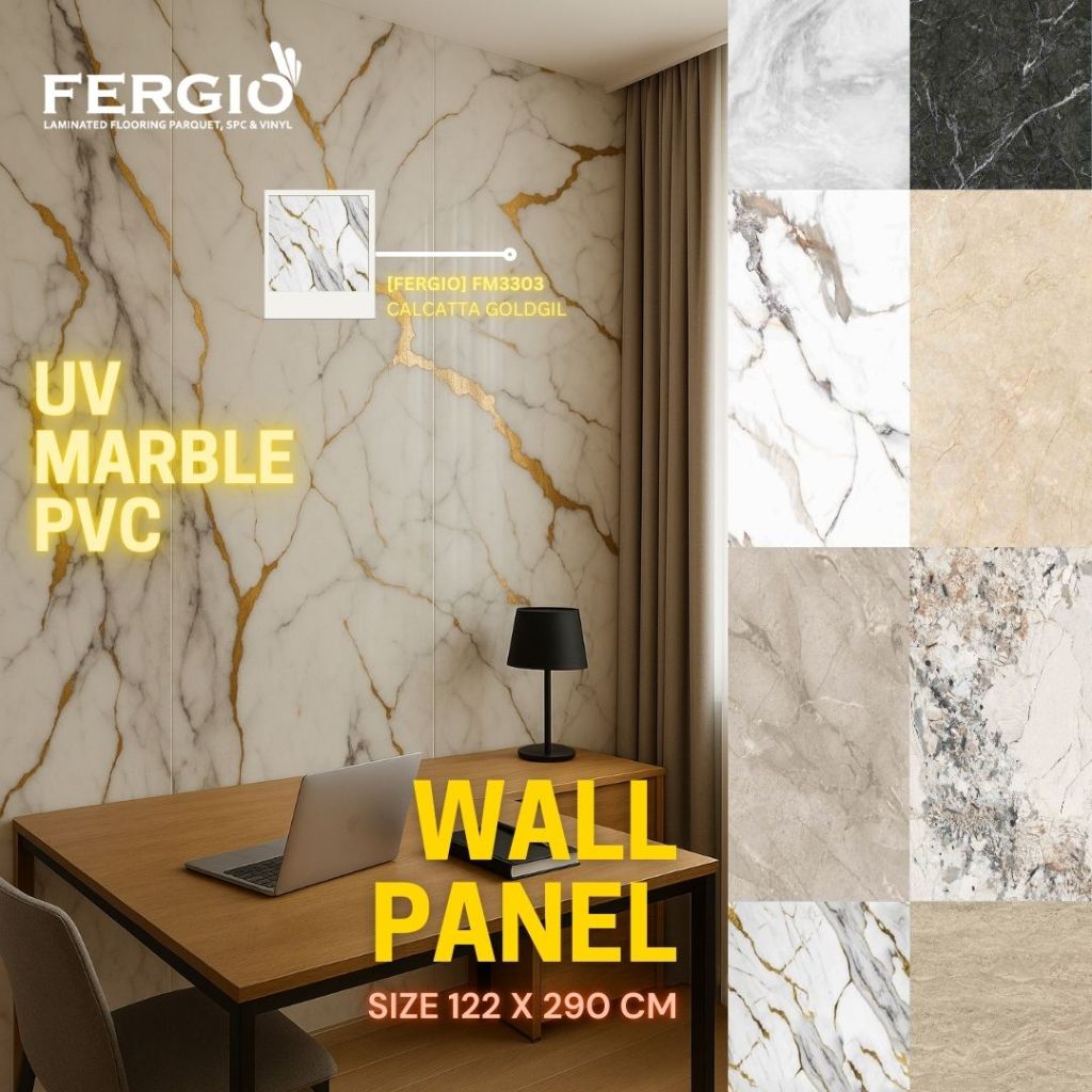 FERGIO UV Marble 2D Wall Panel Stone | Tebal 3mm, Ukuran 122cm x 290cm | Wallboard PVC Marmer