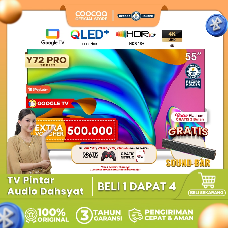 COOCAA TV 55 inch Y72 PRO - 4K QLED+ - Google TV -  Google Assistant - Dolby Audio Atmos - Low Blue 