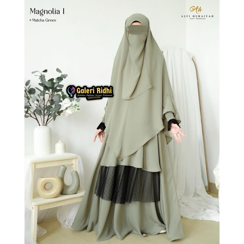 Sage Set setelan Gamis Magnolia Series 1 Ori Alfi Huraiyah Khimar Non Pet Cadar Instan Wanita Muslim