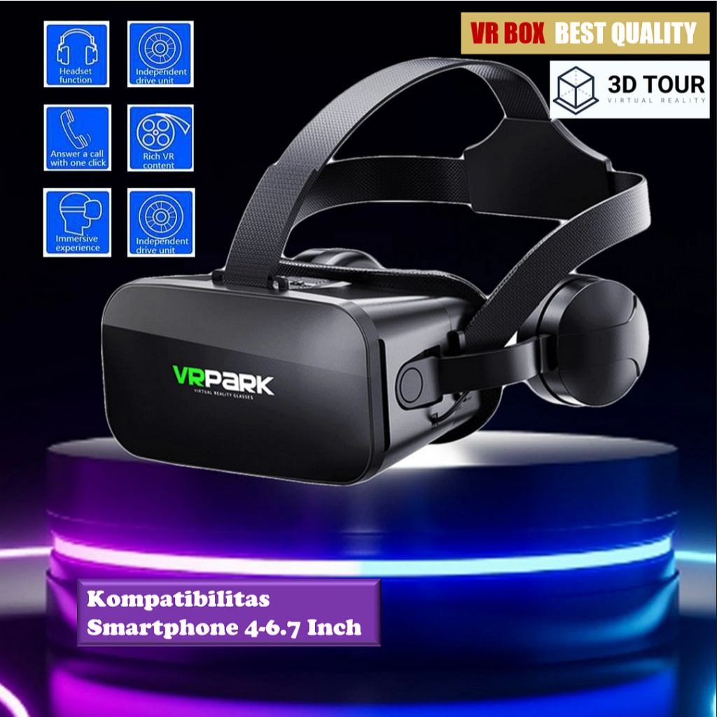 COD VRPARK Box Kacamata 3D Virtual Reality VR Glasses Headset with Headphone Kompatibel 4-6.7 Inch- 