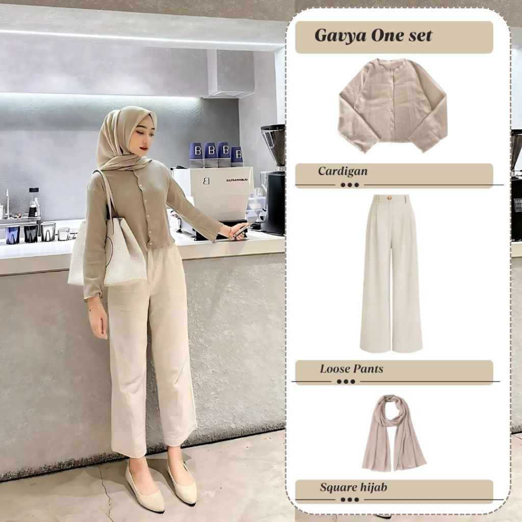 One Set 3 In 1 Outfit Wanita Kekinian ( Cardigan, Celana, Hijab) Set Outfit Hijab Remaja Ootd Simpel