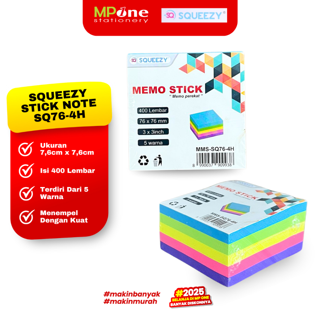 

(1 SHEET) Squeezy Sticky Note 5 Warna 76x76 mm SQ76-4H / Memo Stick Notes Tempel SQUEEZY