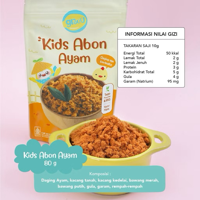 

Grouu - Abon Kids Ayam (cocok untuk 12+ Bulan) - Tekstur lebih padat dibanding Abon Mpasi - No MSG - Lauk, Snack Anak - Chicken 80gr