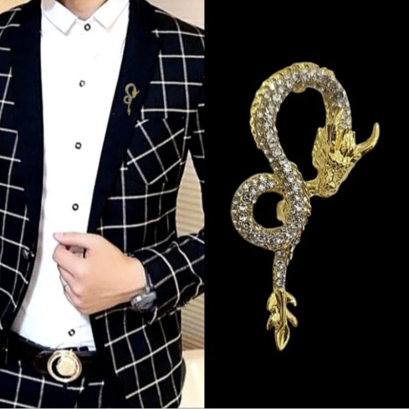 Metal Gold Dragon Pin Bros Jas Kameja Tuxedo Pria Mens Classic Bros Naga Pria