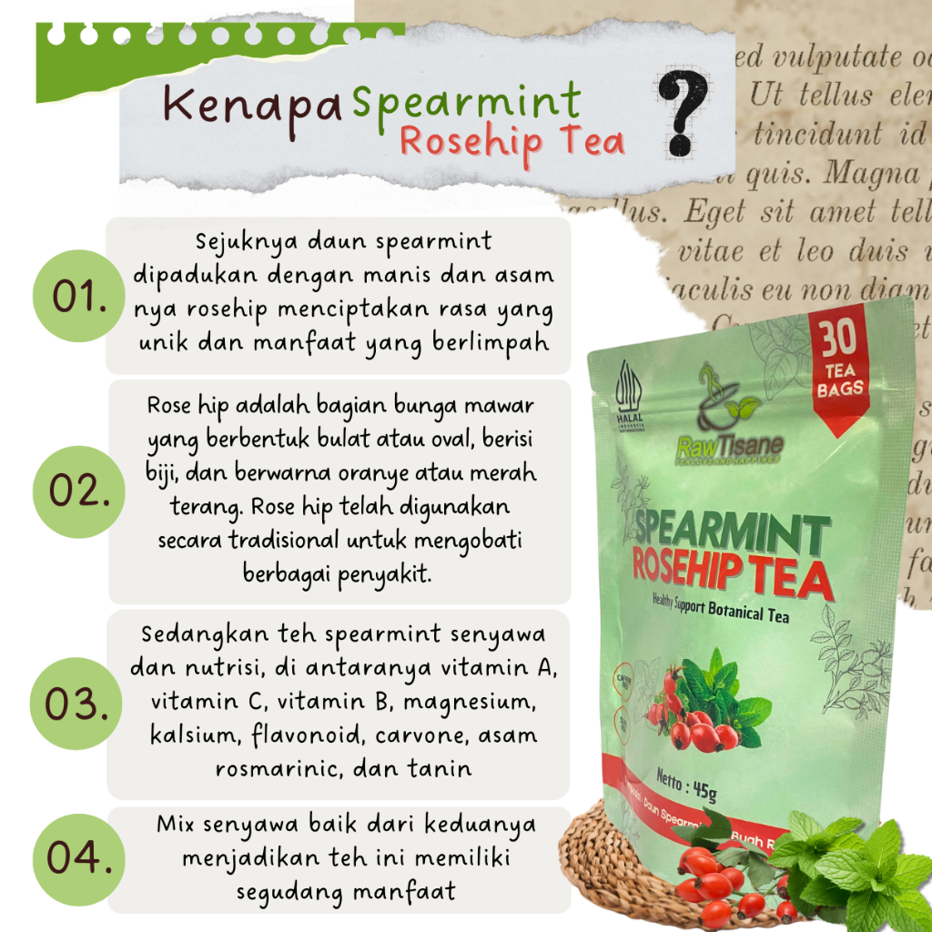 

AKEH RAW TISANE Spearmint With Rosehip Tea : Teh Daun Spearmint & Buah Rosehip Isi 30 Tea Bag