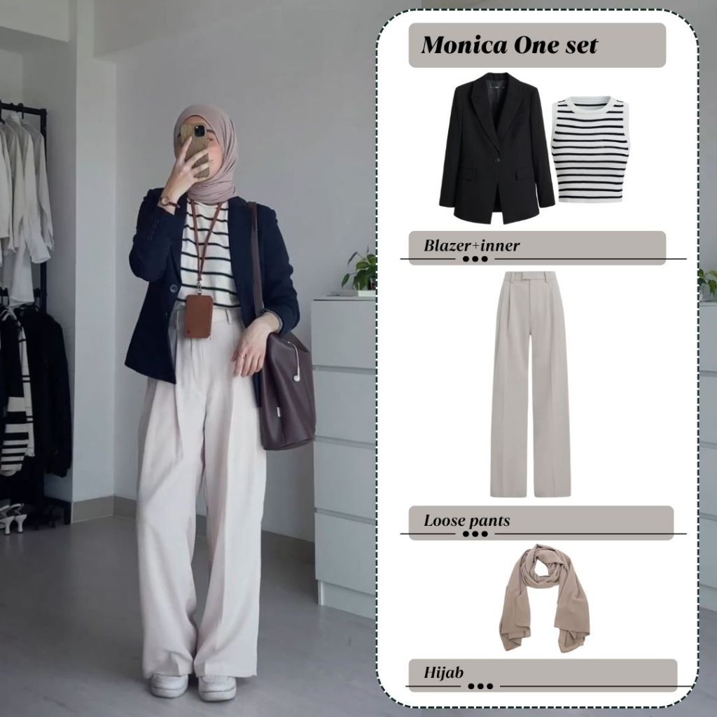 Monica Setelan Wanita 4in1 Blazer Inner Stripe Celana Pashmina Hijab Ootd Korean Style Aesthetic