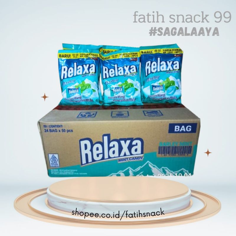 

PERMEN RELAXA BARLEY MINT BAG 1 KARTON ISI 24 BAG X 50 PCS CANDY MINT