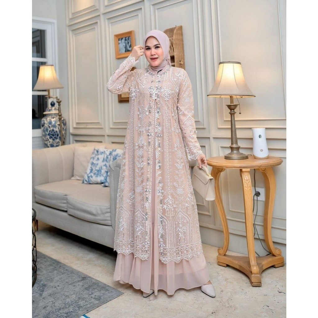 Gamis mewah untuk pesta model terbaru Safira Dress Dress + outher brukat ceruty mix brukat cod