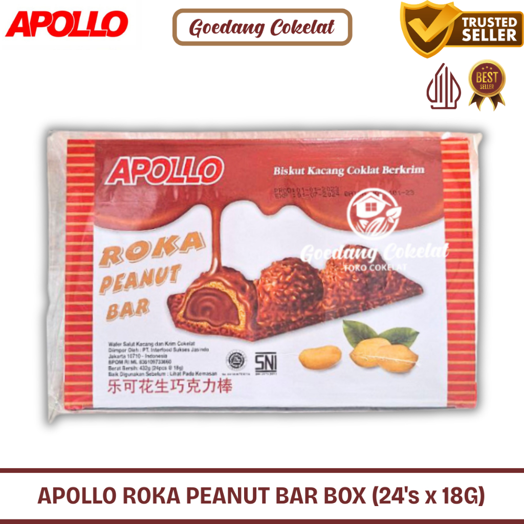 

Apollo Roka Peanut Bar Wafer Salut Kacang dan Cokelat Kemasan 1 Box Isi 24 Pcs x 18g