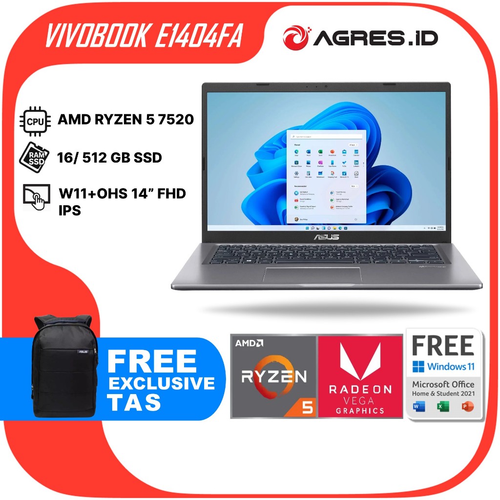 ASUS VIVOBOOK GO 14 E1404FA RYZEN 5 7520 16GB 512GB W11+OHS 14.0FHD SLV -FHD553