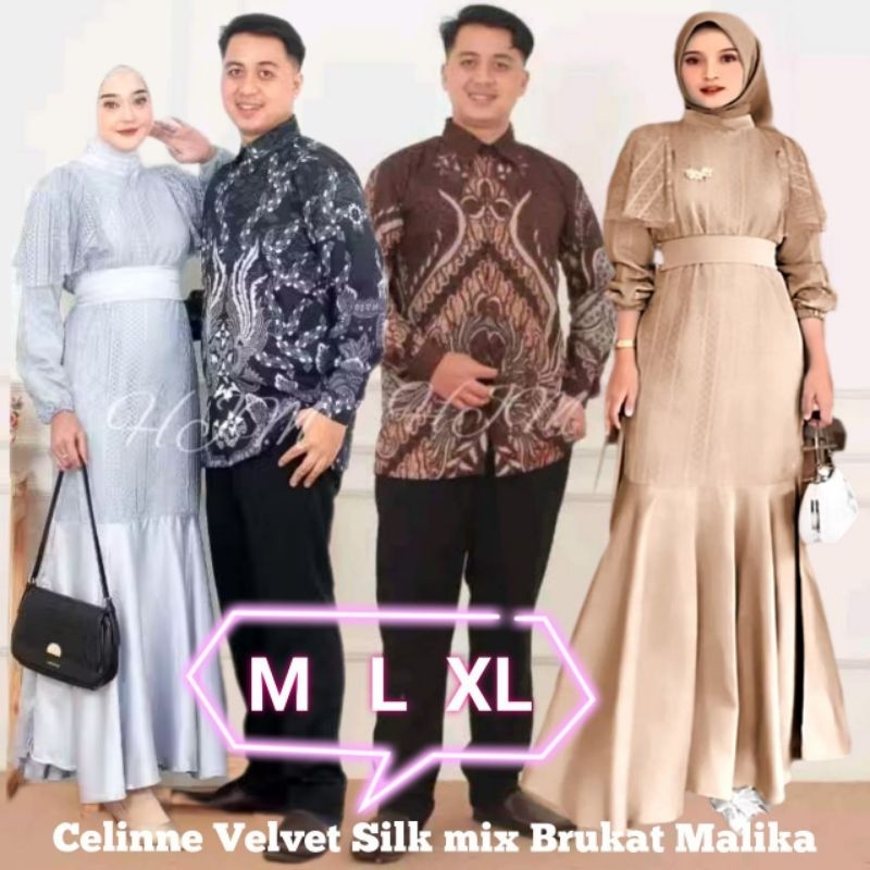 M L XL REAL PICT DRESS CELINNE BUSUI BRUKAT MALIKA VELVET SILK FASHION PAKAIAN WANITA BAJU PESTA KON