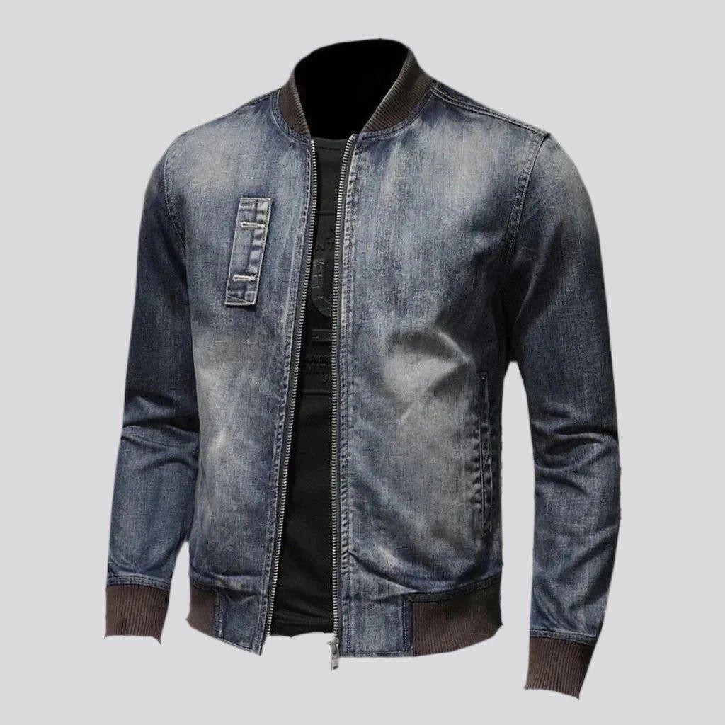 Jaket Jeans Bomber Kombinasi Rib Warna Coklat || Jaket Kerah Beseball Trendi Atasan Kasual Ritsletin