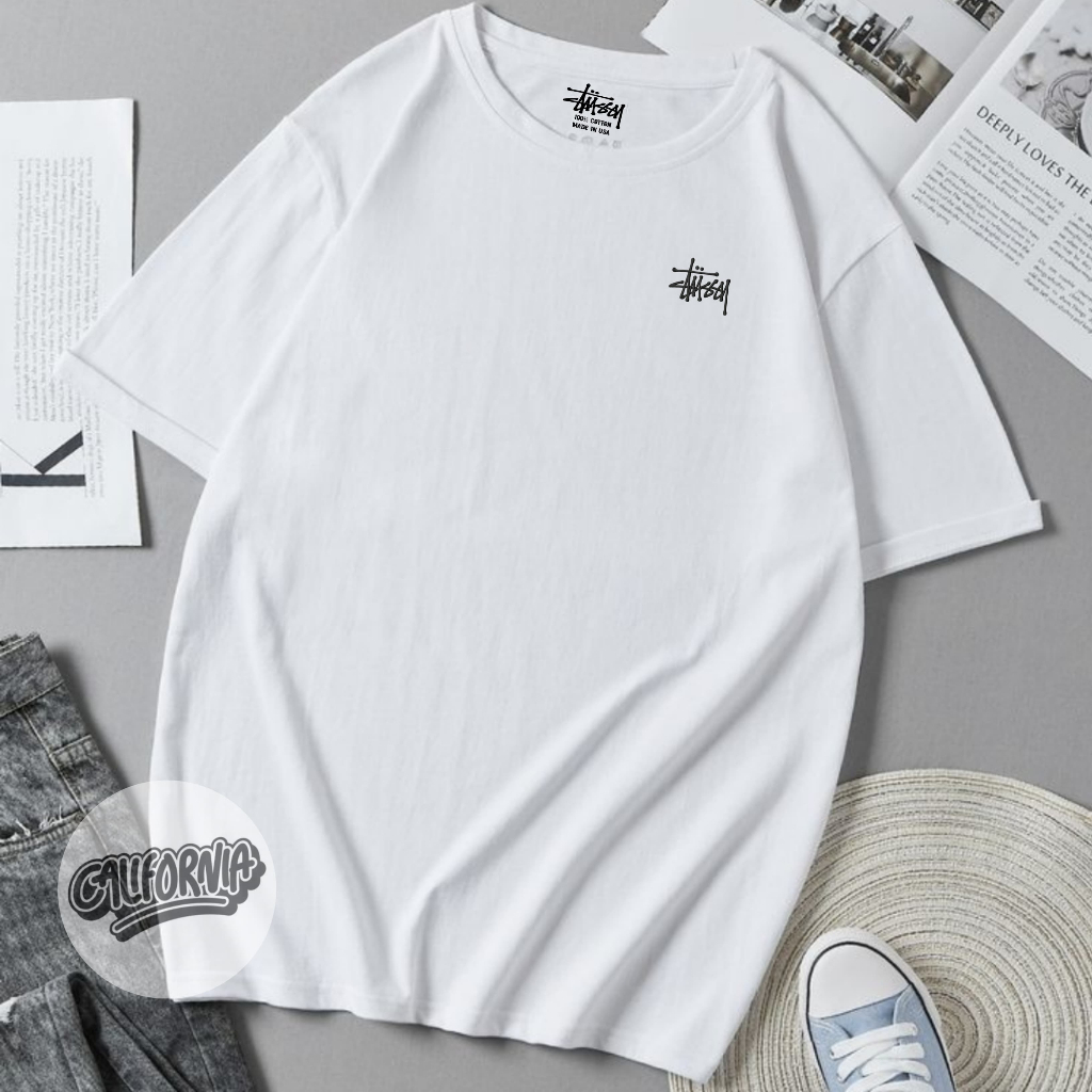 Baju kaos pria katun combad 24s terlaris bordir stussy motif depan belakang full teks made in usa